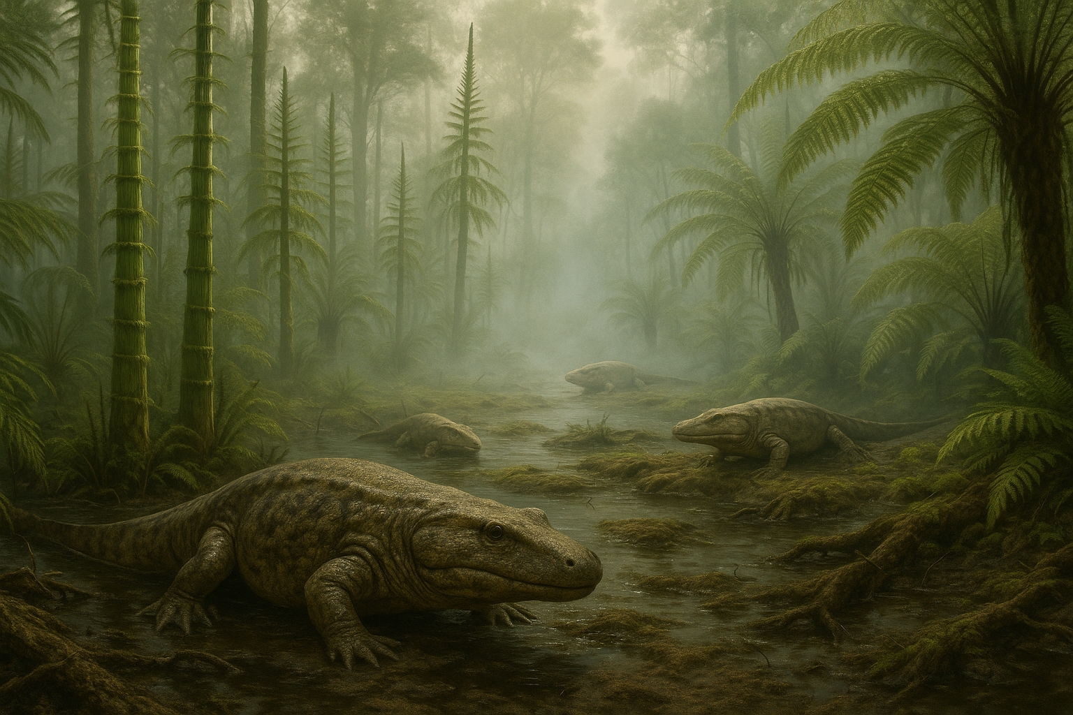 Rekonstruktion eines Sumpfes aus der Triaszeit mit Cyclotosaurus-Exemplaren
